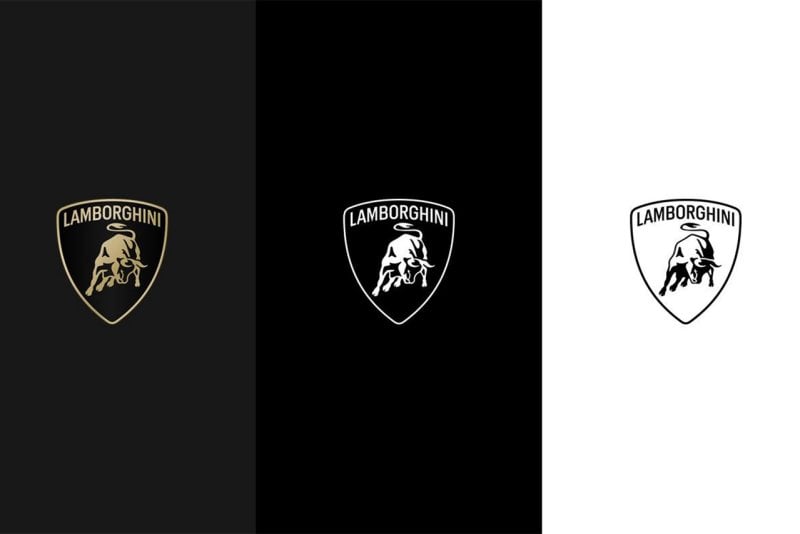 Variations of Lamborghini logos: gold, silver, and white on backgrounds