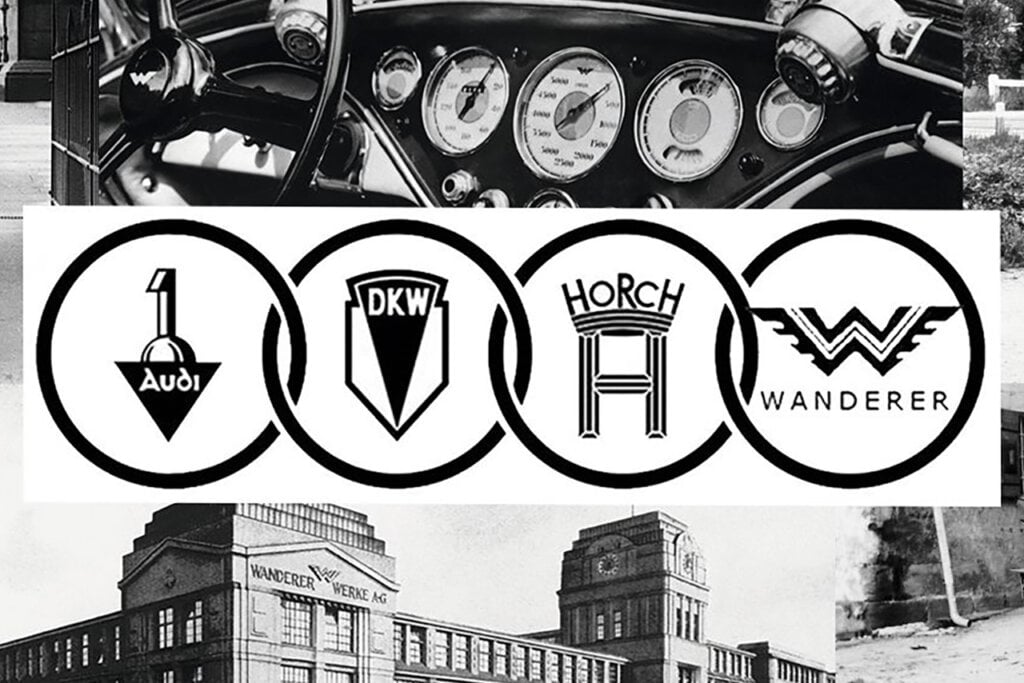 black and white photo of Audi logo with historic photos