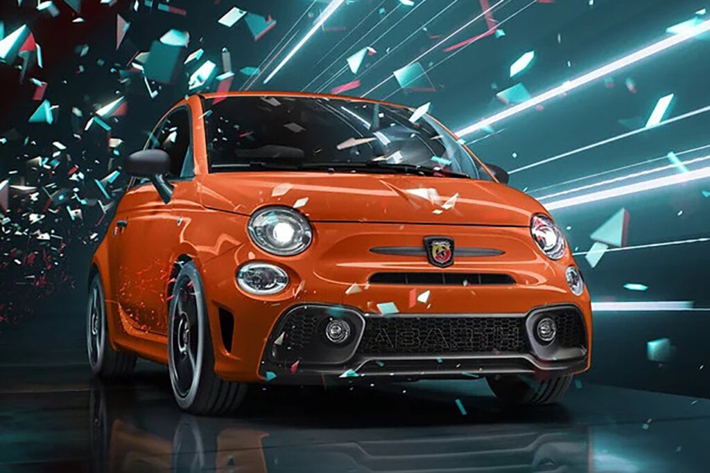 Orange Fiat Abarth 595 with a green background with stripes and shapes