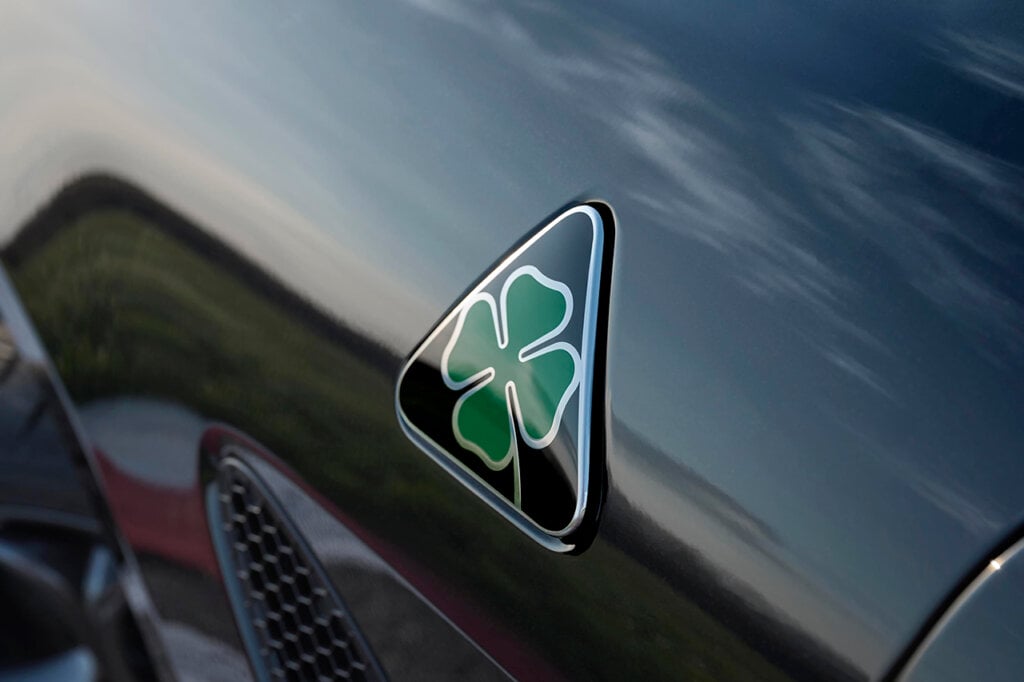 Triangle logo of a green 4 leaf clover badge on the side of a black car