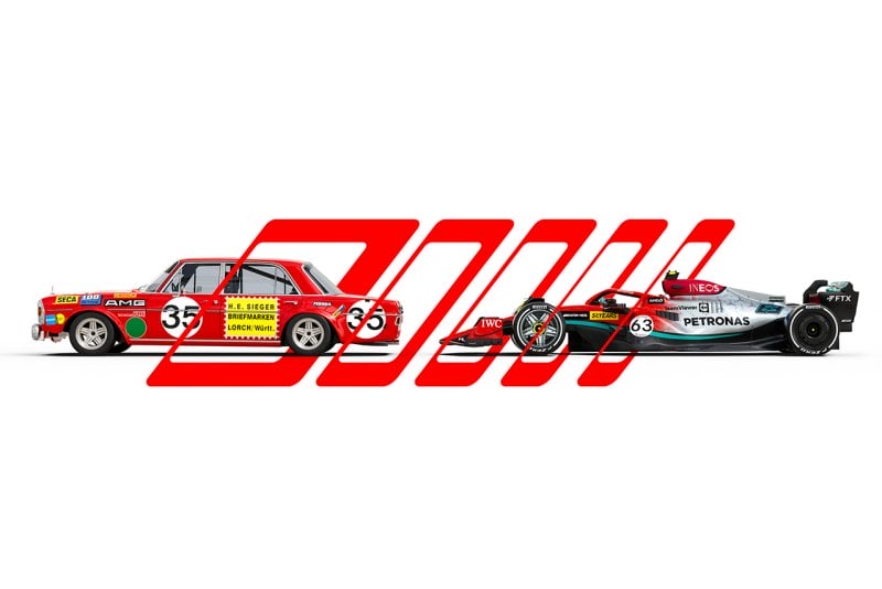 Illustrative picture of Mercedes race cars one is red and the other is silver with red elements weaved between the two