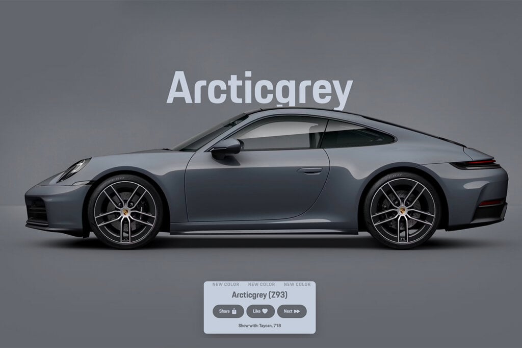 Articgrey Porsche color on a 911 vehicle with a colored background and white words