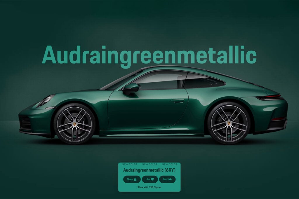Audraingreenmetallic Porsche 911 992 car on a dark green background