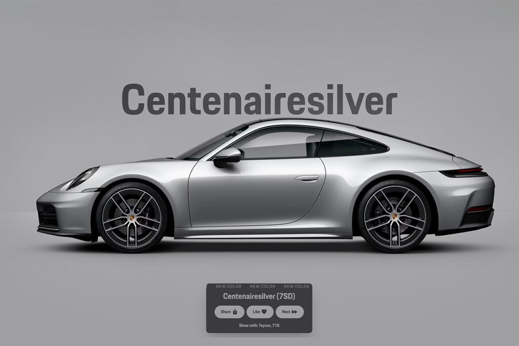Centenairesilver Porsche on a dark grey background with black words in background