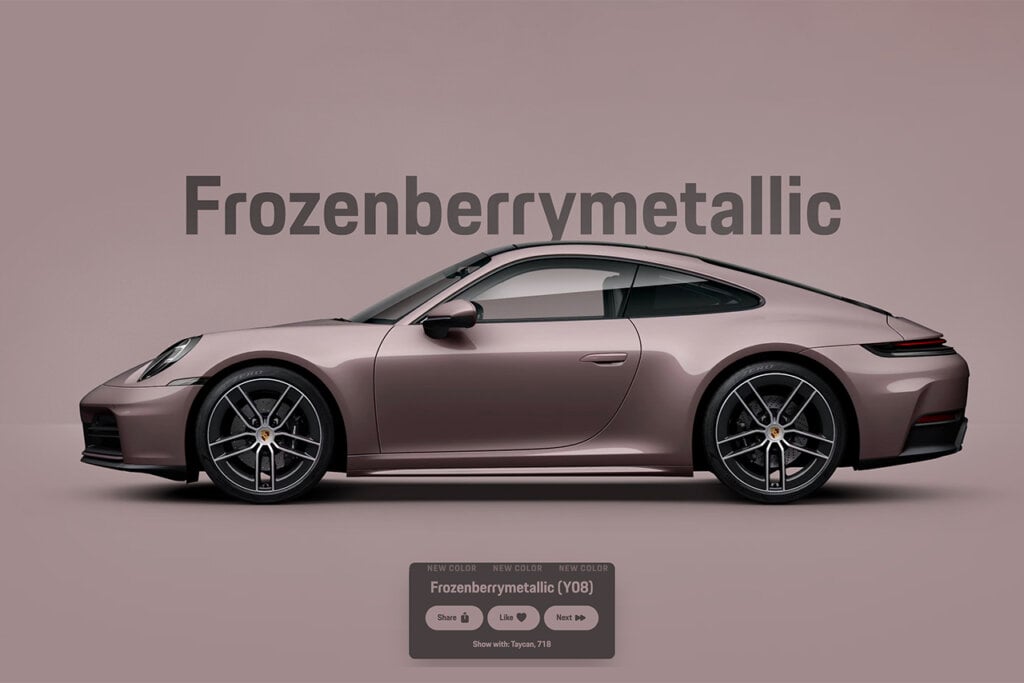 Frozenberrymetallic Porsche car pictured on colored background with black words on background
