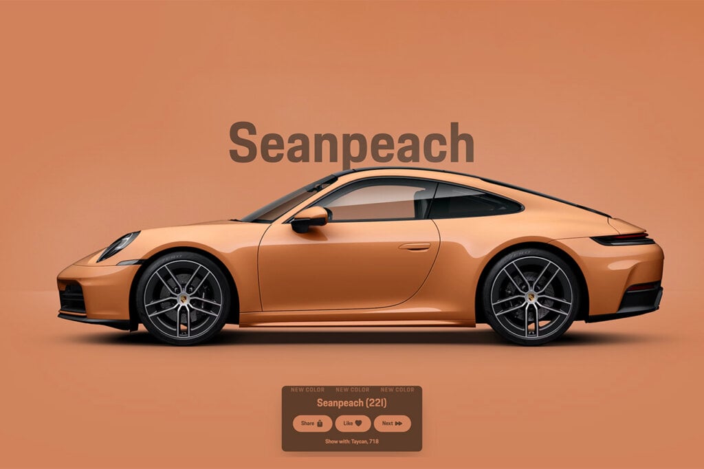 Seanpeach orange Porsche 992 on an orange background with black words in background