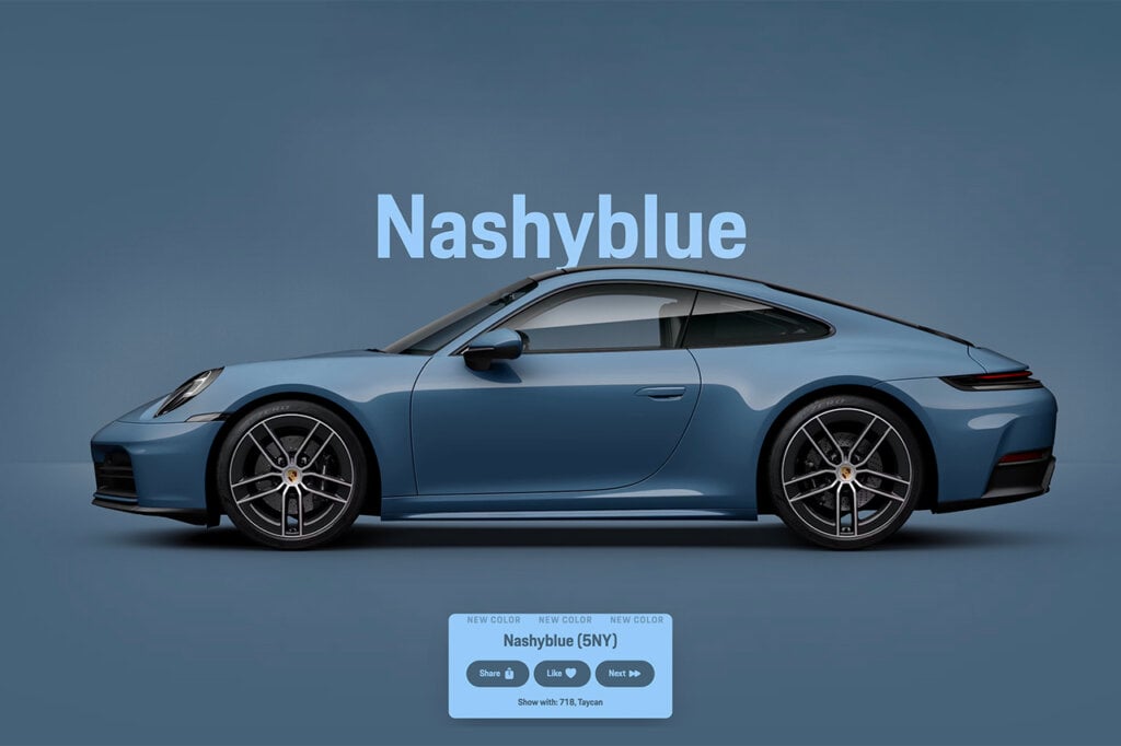 Nashyblue porsche pictured on a blue background with words in background