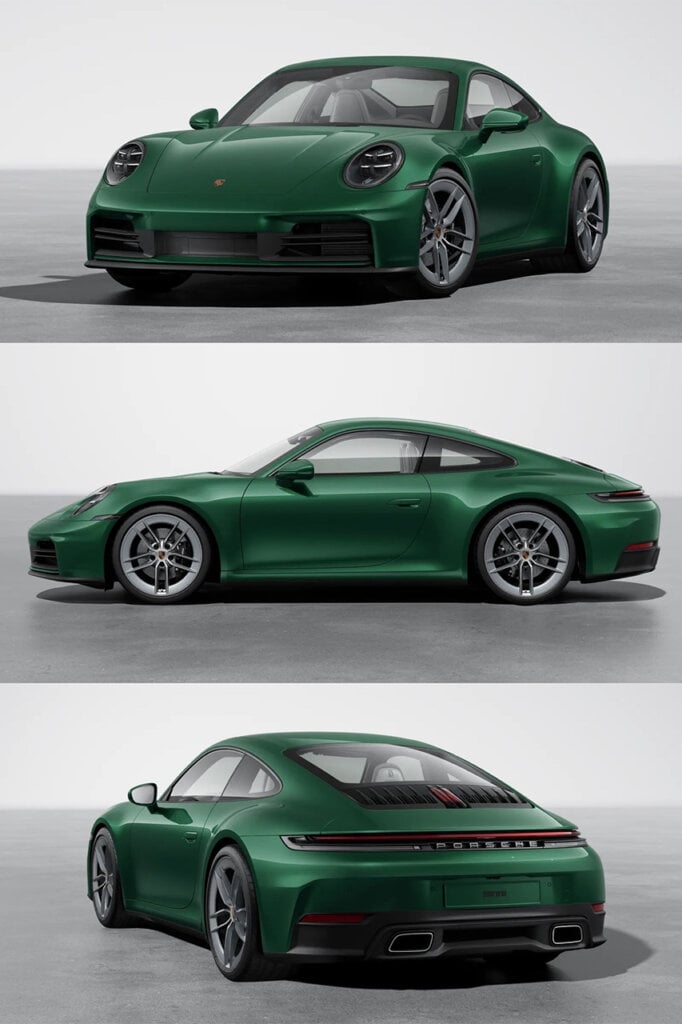green Porsche vehicle pictured 3 times stacked