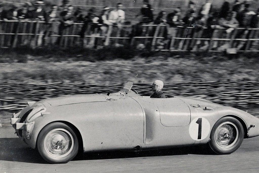 Black and white photo of a Bugatti Type 57C race car during the 24hrs of Le mans race.