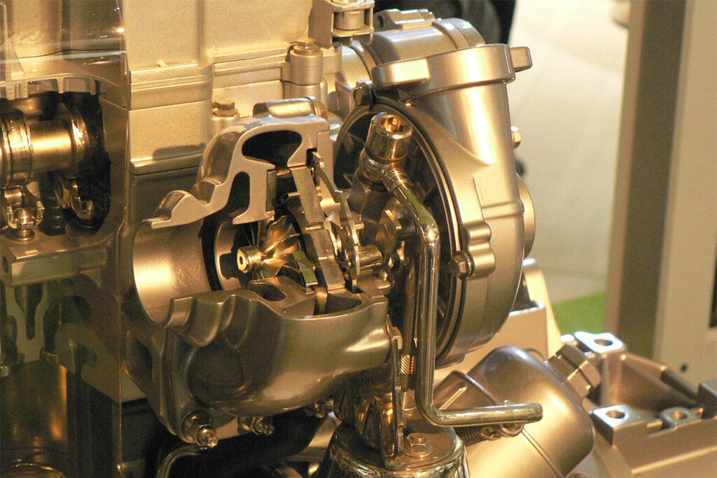 Turbo cut open exposing fans and internals with a light shining directly on it